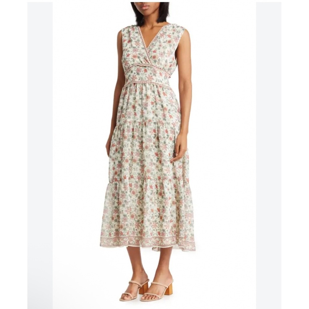 Max Studio Floral V-Neck Tiered Maxi Dress Smocked Back Sleeveless Size XS
